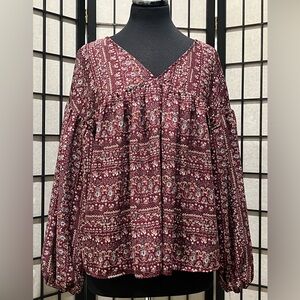 Ces Femme Burgundy PEASANT STYLE Paisley LONG SLEEVE Blouse SIZE S